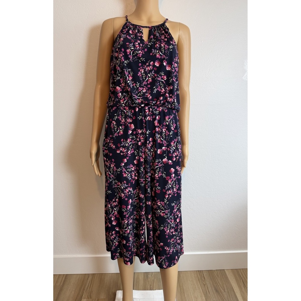 London Times Navy Floral Halter Neck Front Keyhole Wide Leg Crop Jumpsuit Size 6